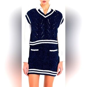 NWT English Factory Stripe Trim Chenille Navy Vest & Skirt Preppy Style Size M